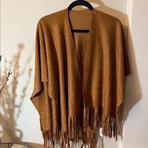 Suede Fringe Shawl Wrap in Caramel